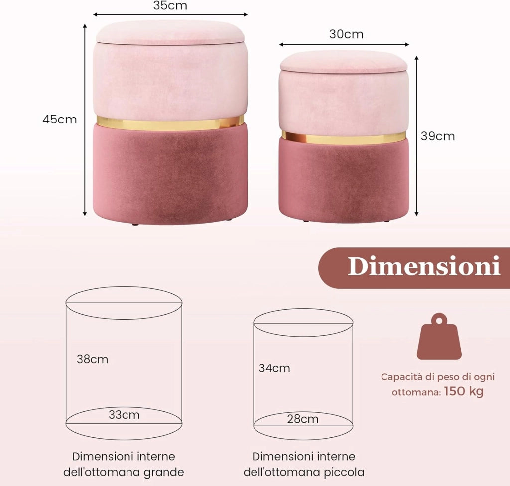Set di 2 pouf moderni imbottiti con fascia in acciaio inox dorato e seduta imbottita, sgabello rotondo in velluto per soggiorno, camera da letto, sala trucco, rosa, 32 l + 21 l