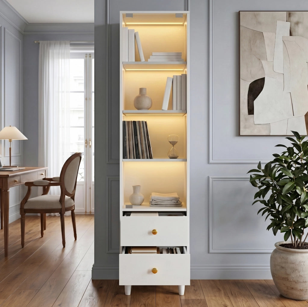 Vetrina bianca in MDF e vetro con illuminazione LED; 2 cassetti