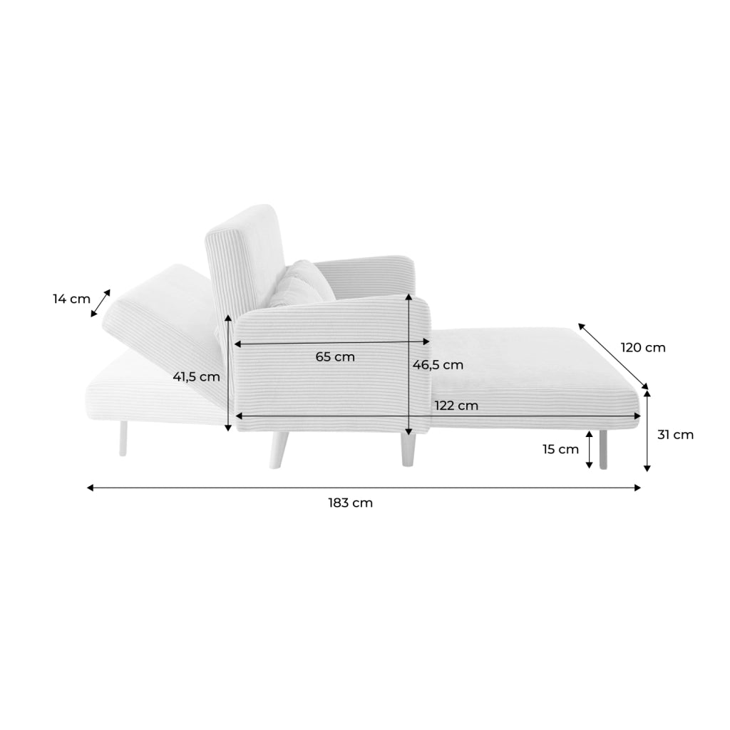 Divano letto in velluto a coste con gambe in legno, 2 posti, beige