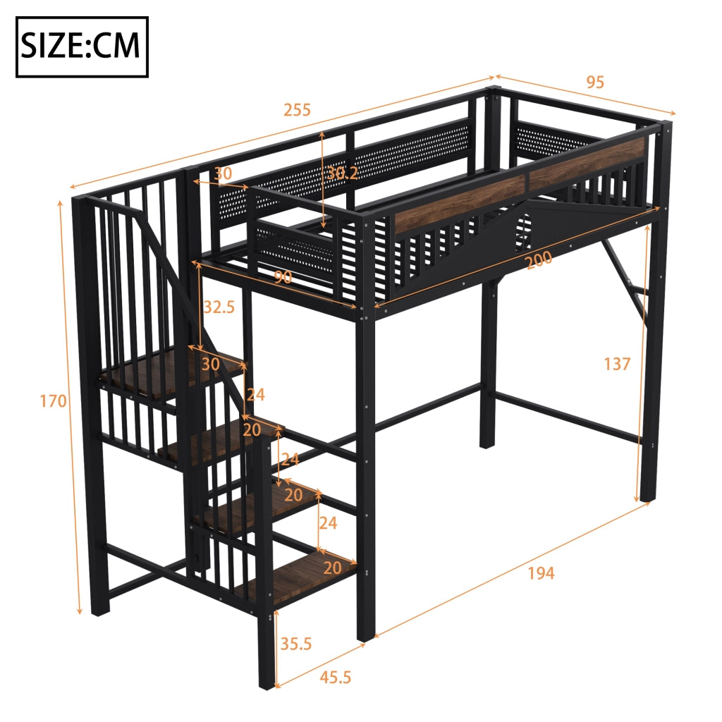 Letto a soppalco 90 x 200 cm singolo con scala di sicurezza; vani portaoggetti e barriera; senza materasso; nero