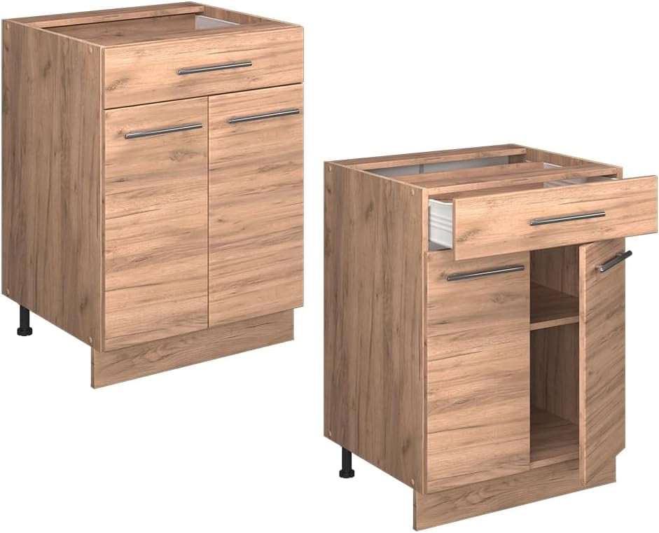 Mobiletto base per cucina Fame-Line, Quercia dorata, 60 cm con cassetto, senza piano di lavoro
