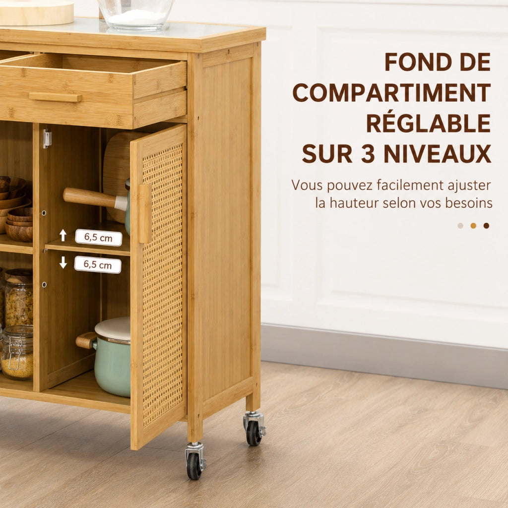 Carrello cucina 84x36x85 cm con piano in vetro; 2 cassetti; bambù naturale