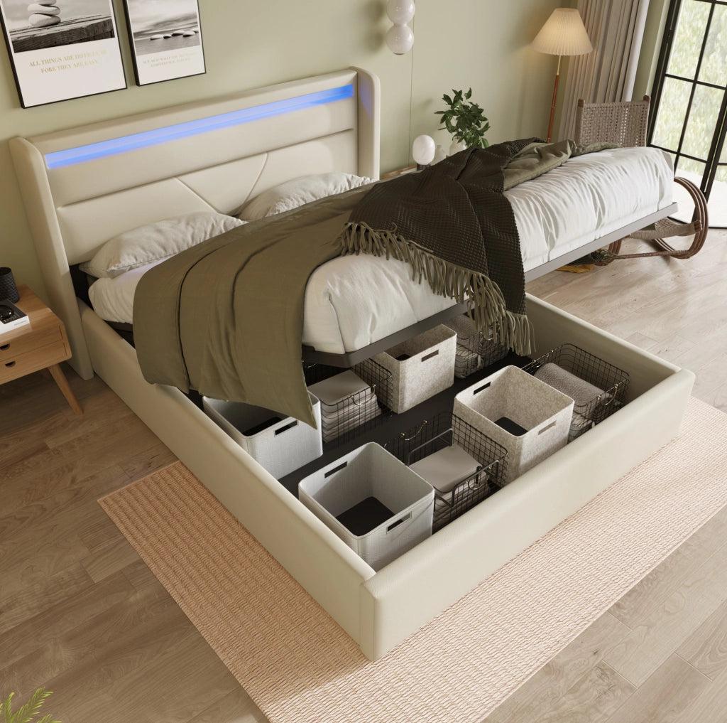 Letto contenitore imbottito 160x200 cm in PU bianco con LED
