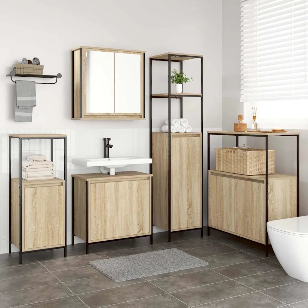 Set di mobili per il Bagno | Armadio da bagno con porta 5 pz Rovere Sonoma e Nero