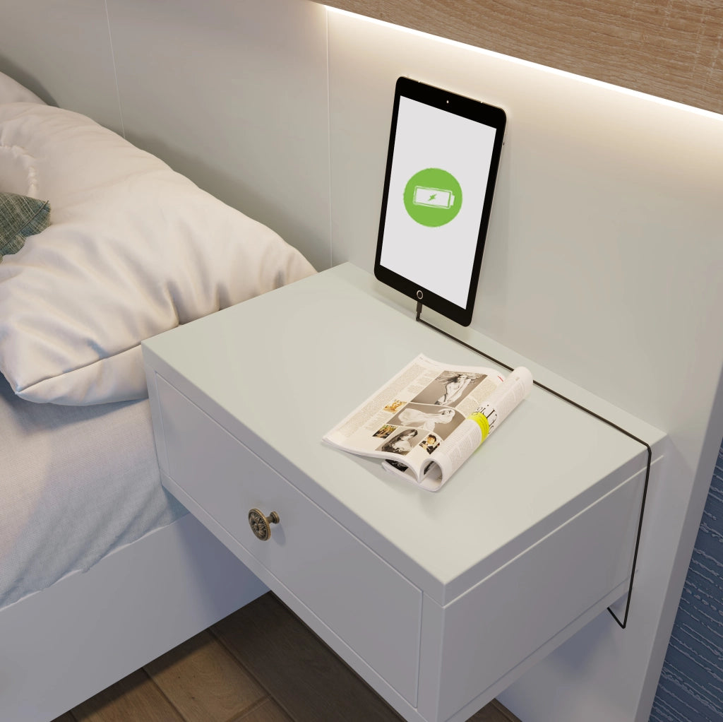 Letto matrimoniale ULEVR 180x200 cm con 2 comodini LED, USB, Type-C e prese UE, Sonoma e bianco