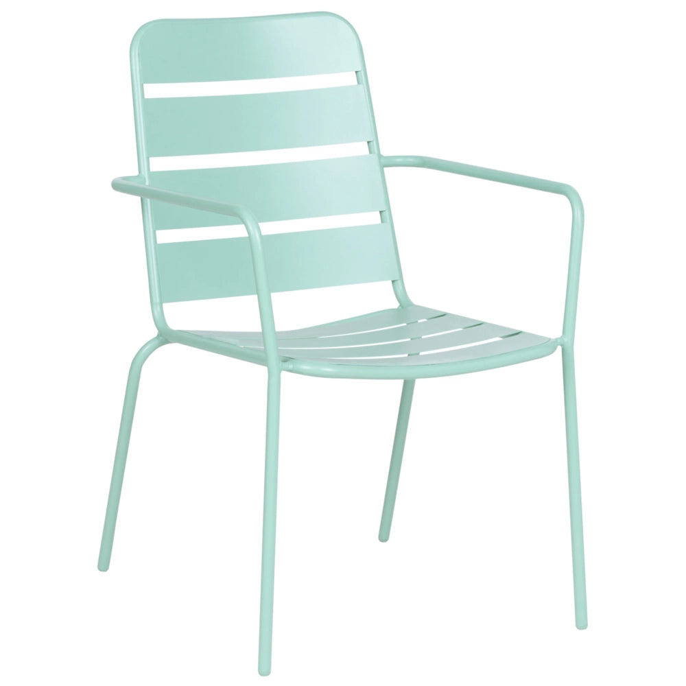 Set da pranzo da giardino per 6 persone con tavolo in ferro con foro centrale e sedie zincate e verniciate a polvere, colore verde menta