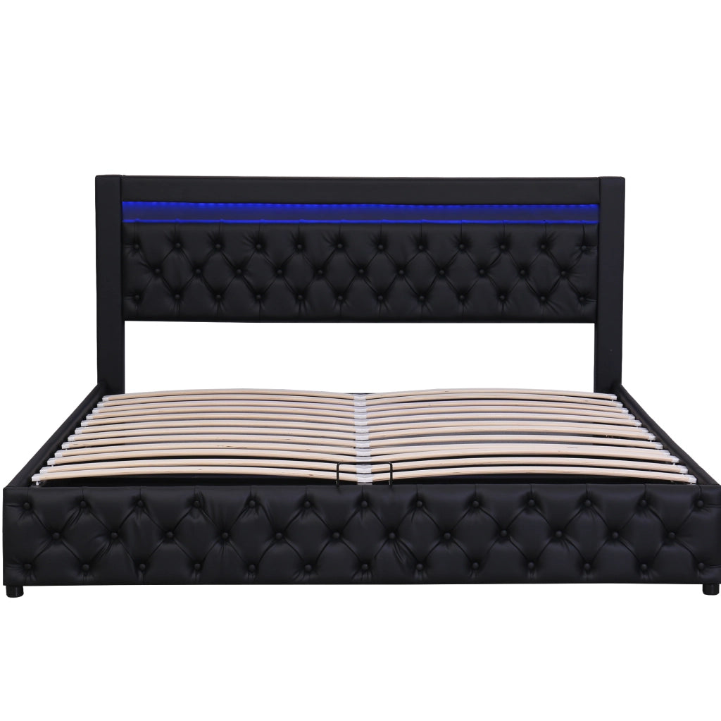 Letto matrimoniale 140x190 cm in PU nero con contenitore e LED HAVRYA