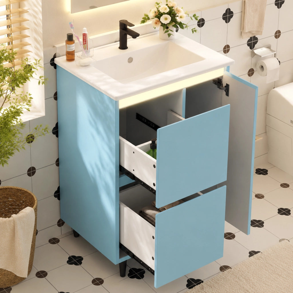 Mobile sottolavabo con lavabo in ceramica 1 anta e 2 cassetti per bagno in MDF e ceramica blu 61 × 46,5 × 87 cm