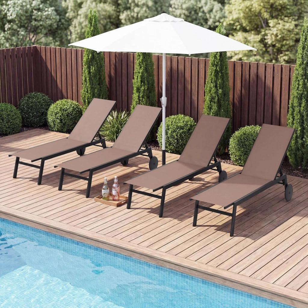 Set di 2 Sdraio da Giardino Reclinabili, Sedia da Abbronzatura Piatta in Metallo Resistente con Schienale 6 Posizioni e Tessuto Traspirante, per Bordo Piscina e Terrazza (Marrone,2)