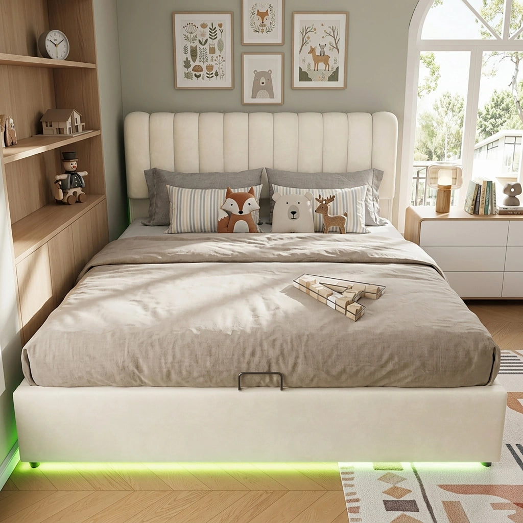 DESMIU letto contenitore bambino 140 × 200 cm 1 posto con 3 cassetti, LED, senza materasso, in velluto beige