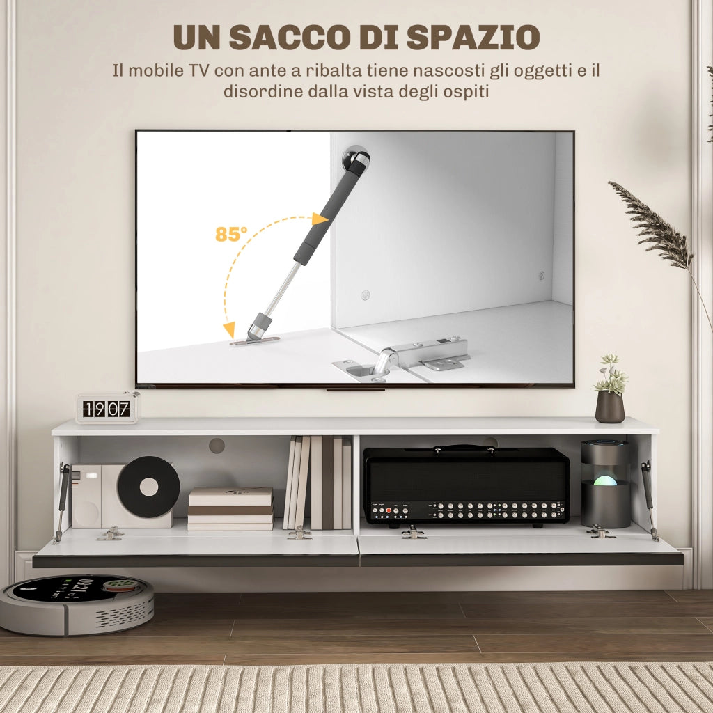 Mobile Sospeso con Armadietti con Ante a Ribalta 160x35x30 cm in Legno Bianco Lucido