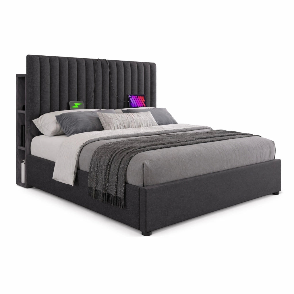 Letto matrimoniale 140x200 cm con contenitore; LED con controllo App; USB e Type C; grigio