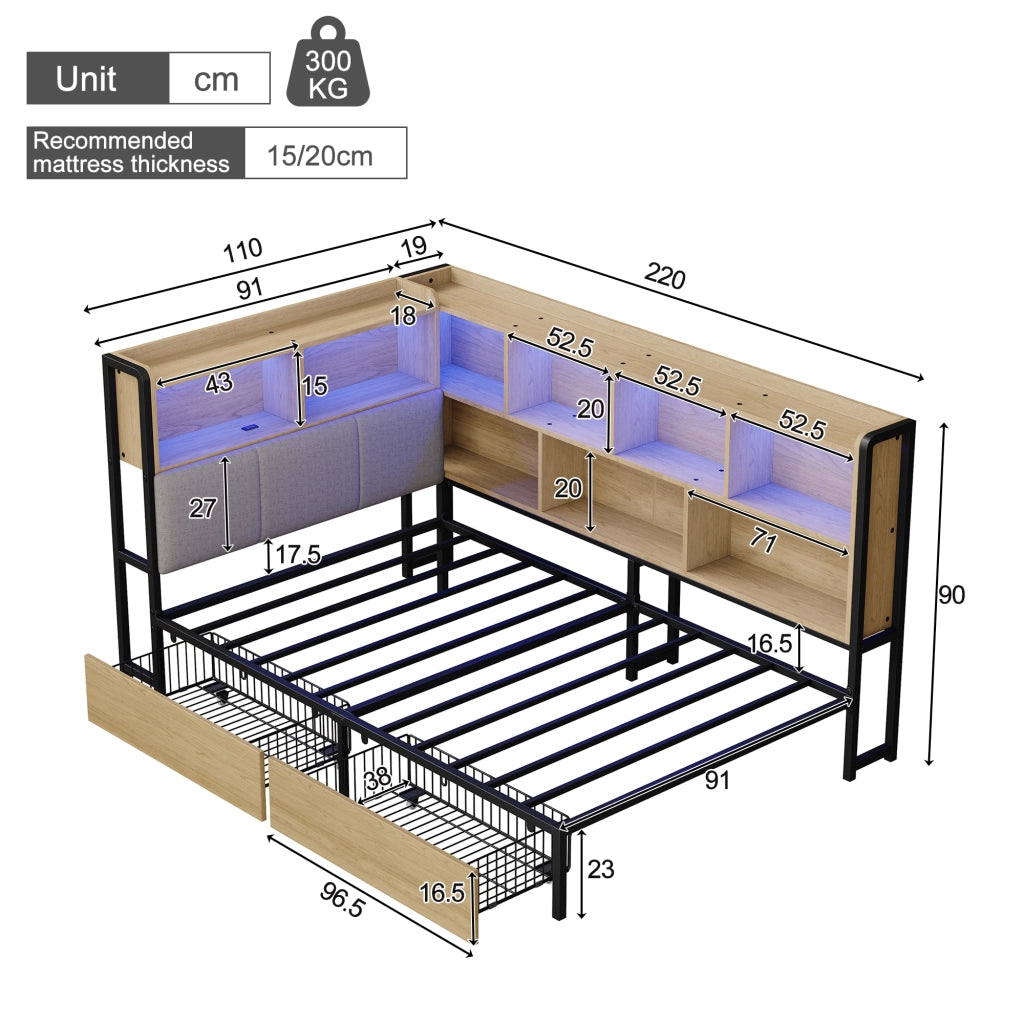 Letto Imbottito con LED, USB e Cassetti ¨C MINIMAL ¨C 90x200, Metallo, Naturale