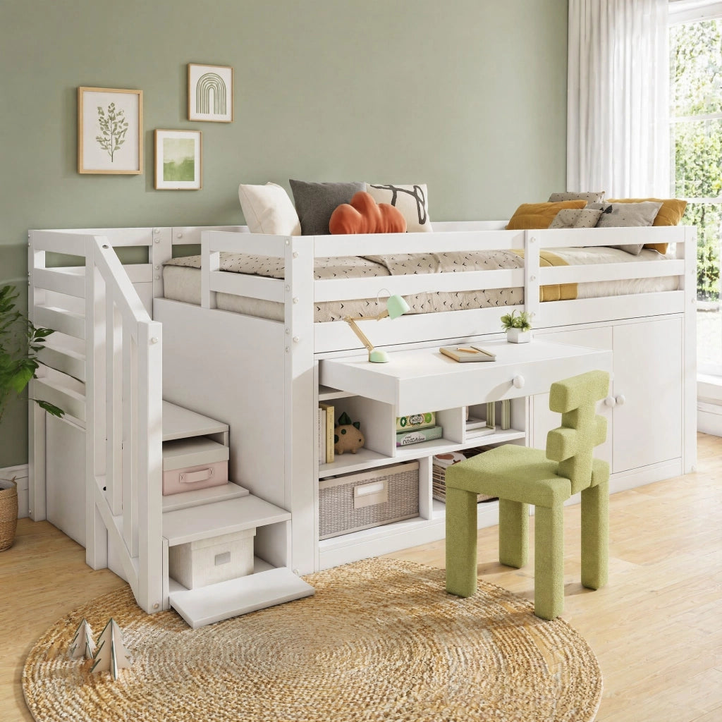 Letto multifunzionale in legno massello 90x200 cm bianco con scala, spazio contenitore e cassetti trasformabili in scrivania