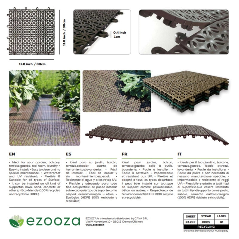 Ezooza MultiFlex – 11 Piastrelle Drenanti Flessibili per Esterni (1 m²), 30x30 cm, Plastica Riciclata, Colore: Beige