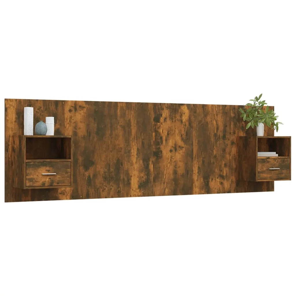 Testiera Letto con Comodini-Testiera con Contenitore Rovere Fumo in Legno Multistrato 948611