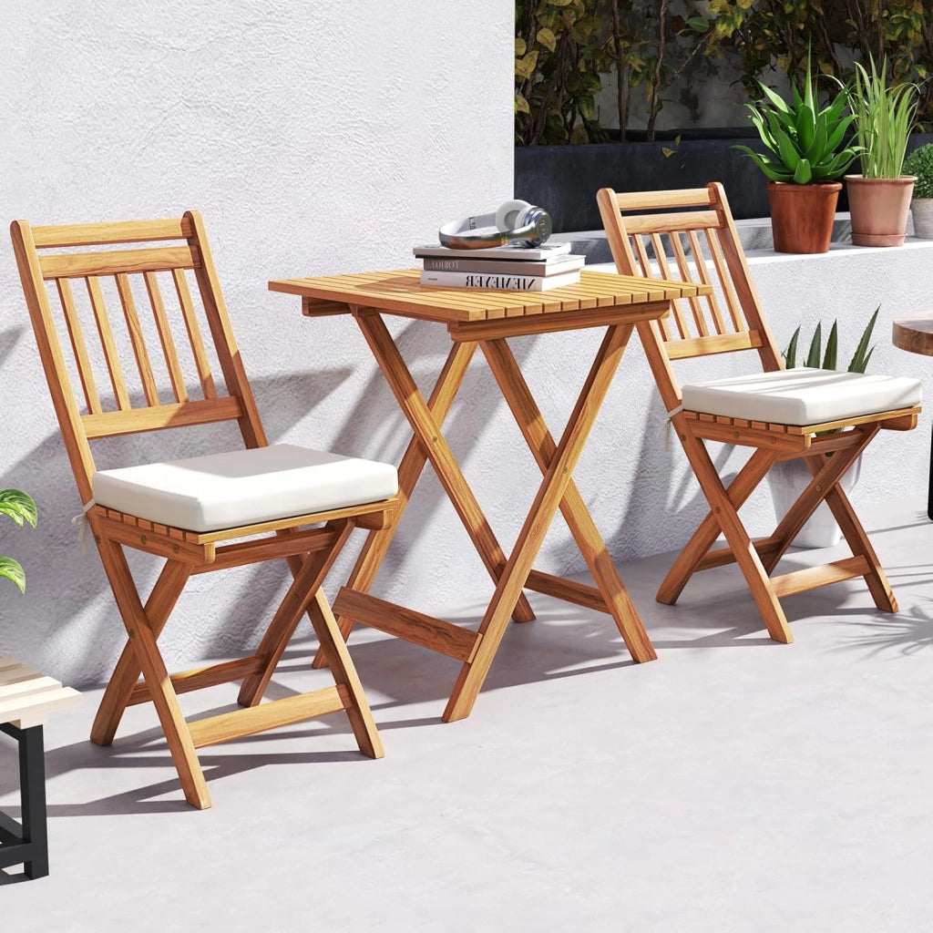 Set Bistro da Esterno in Legno di Acacia, Tavolo e 2 Sedie Pieghevoli con Cuscini, Tavolo Portata 80 kg/Sedia Portata 180 kg (Modello 2)
