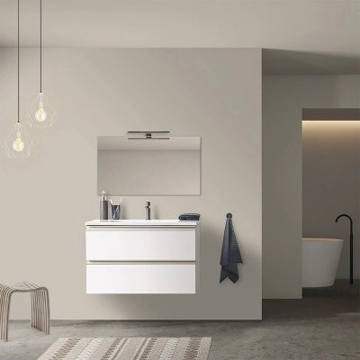 Mobile bagno sospeso 100 cm bianco opaco con lavabo e specchio tondo Master