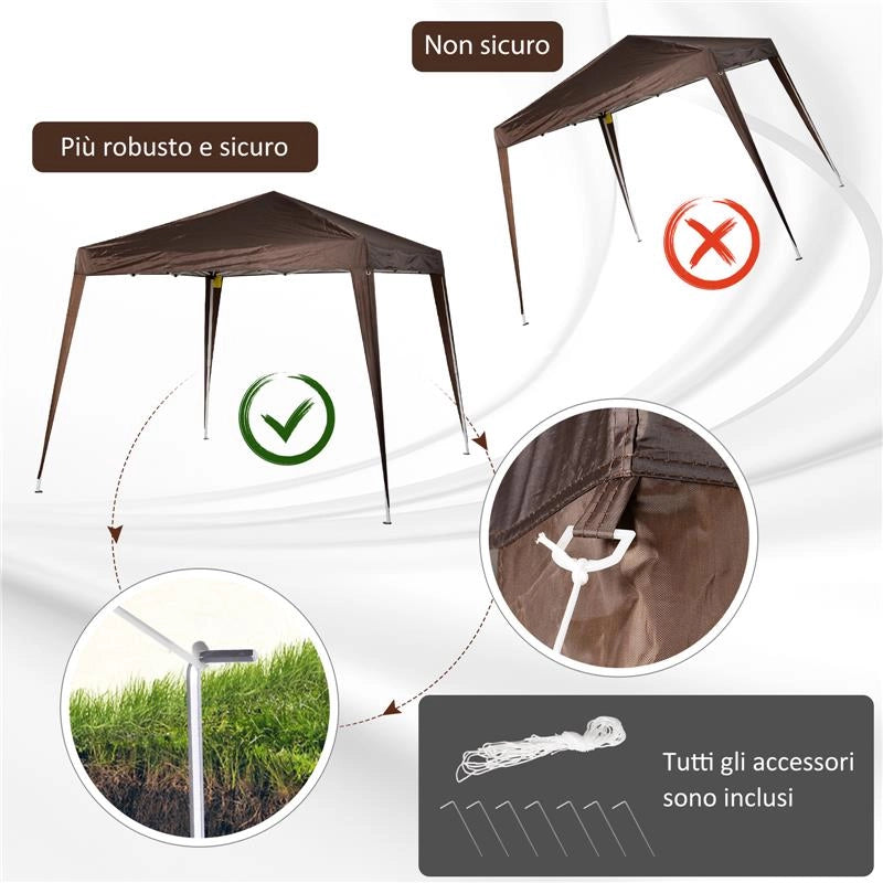GAZEBO PIEGHEVOLE DA GIARDINO 2.4X2.4M CON STRUTTURA IN ACCIAIO E CORDE ANTIVENTO, CAFFÈ