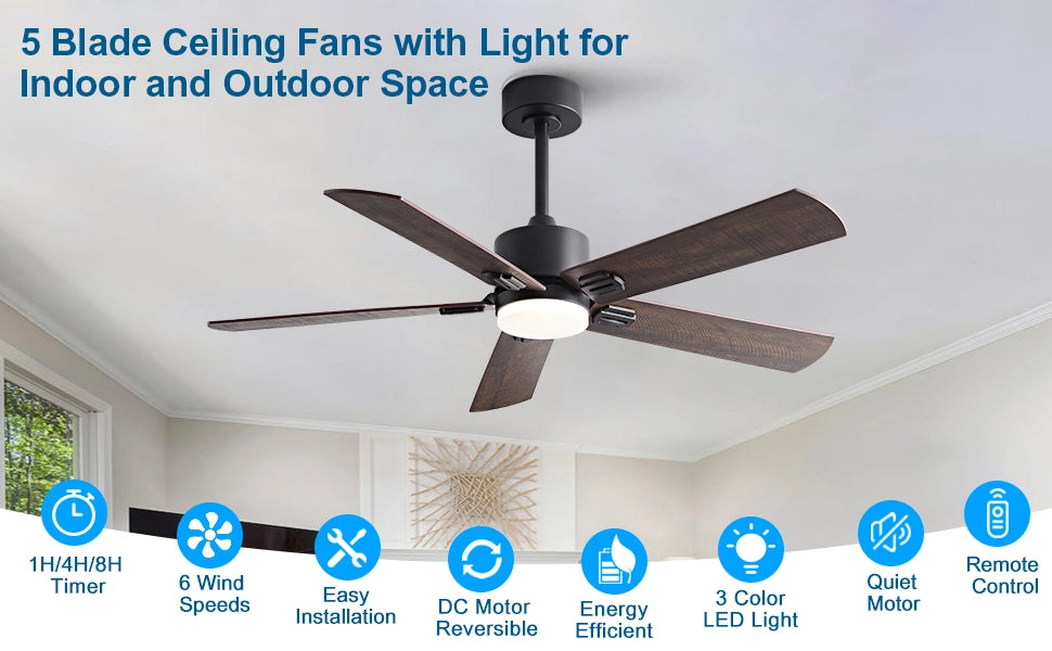 Ventilatore da soffitto 42 pollici con luce, nero moderno con telecomando, stile rustico, doppia finitura pale, motore potente