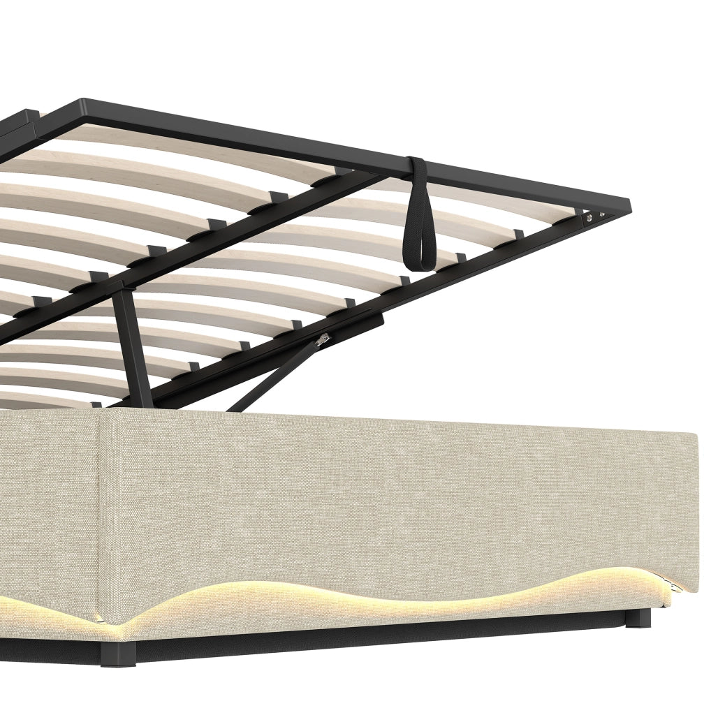 Letto imbottito 140x200 cm con contenitore idraulico; LED; USB e Type-C; in lino beige