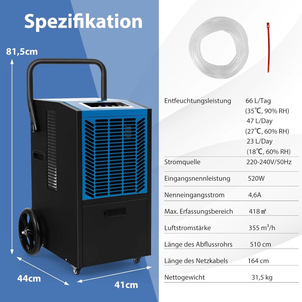 Deumidificatore Elettrico 66L/Giorno, Deumidificatore Professionale con Pompa di Scarico Automatica, Tubo di Scarico, Filtro Rimovibile, per Cantine, Magazzini, Scantinati (Nero+Blu)