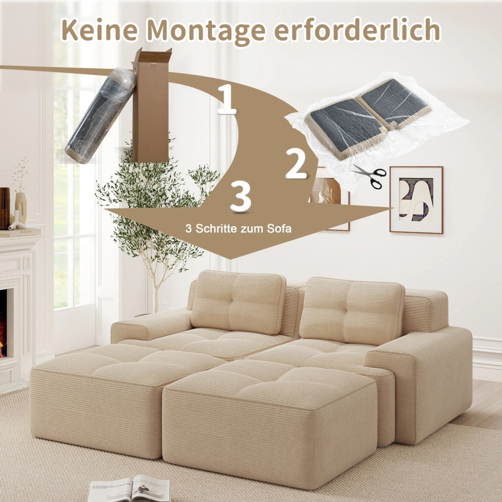 Divano modulare a U beige in velluto a coste con seduta profonda 74 cm
