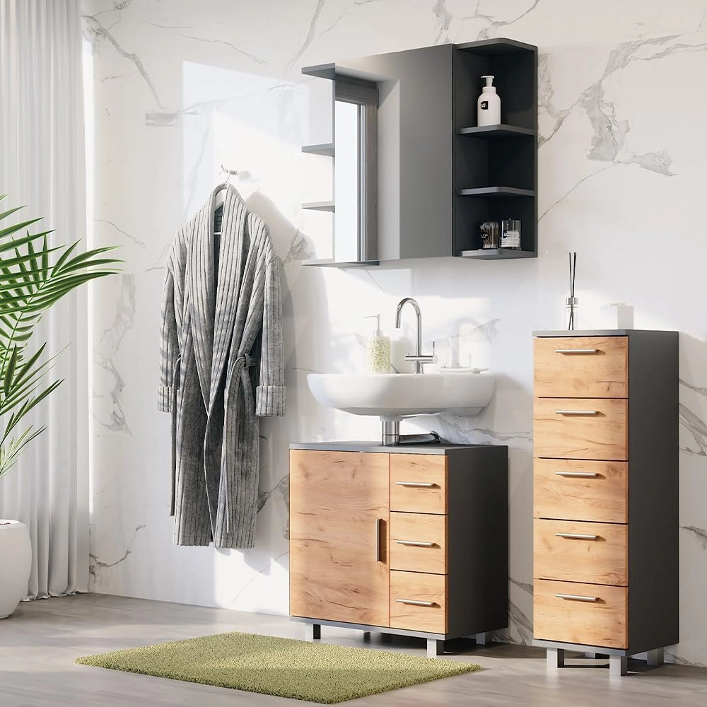 Set di mobili da bagno Ilias, Antracite/quercia dorata, 60.2 cm, composto da mobile sottolavabo, specchiera e mobile medio