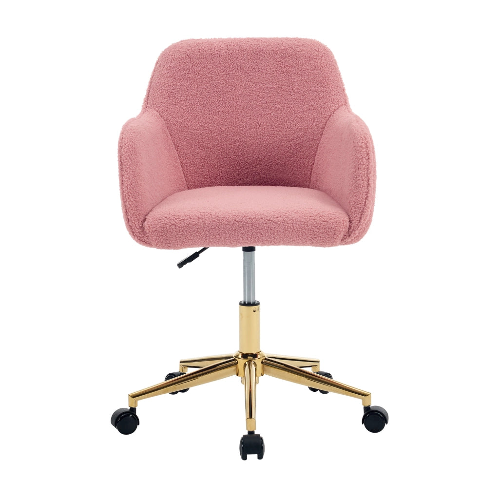 Sedia girevole da ufficio in tessuto Teddy rosa, altezza regolabile, base dorata, rotazione 360°