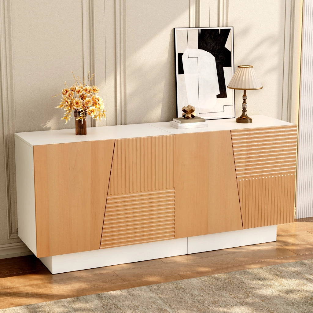 Credenza con 4 ante; 2 vani e ripiani regolabili - per soggiorno - in MDF e pannello truciolare - 160×40.5×72 cm - bianco e naturale