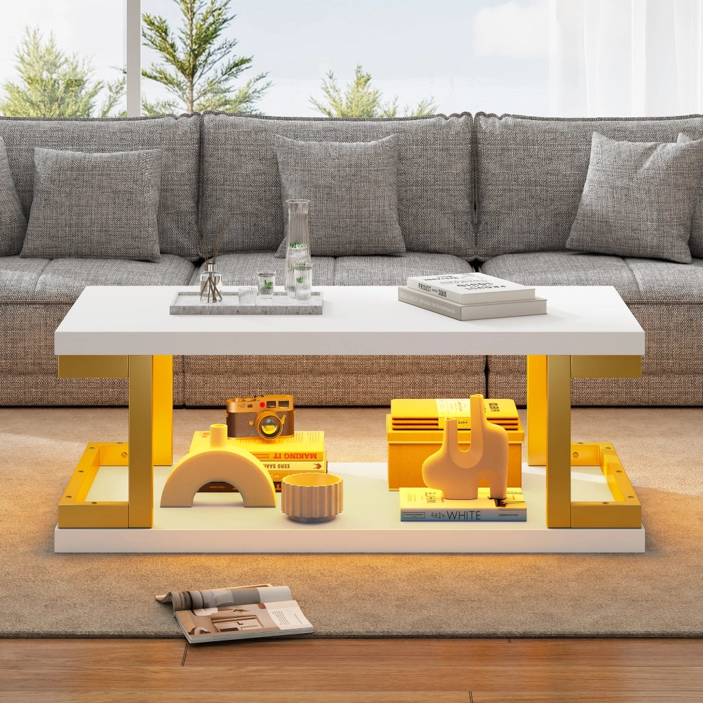 Tavolino, illuminazione a LED, MDF e metallo, 100x50x37.5 cm, bianco e oro
