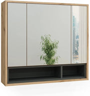 Specchio contenitore bagno Beatrice, Rovere artigianale/antracite, 80 x 72 cm, per montaggio a parete con ripiani aperti