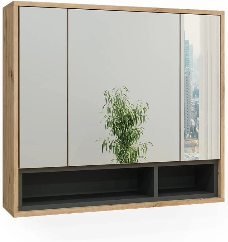 Specchio contenitore bagno Beatrice, Rovere artigianale/antracite, 80 x 72 cm, per montaggio a parete con ripiani aperti