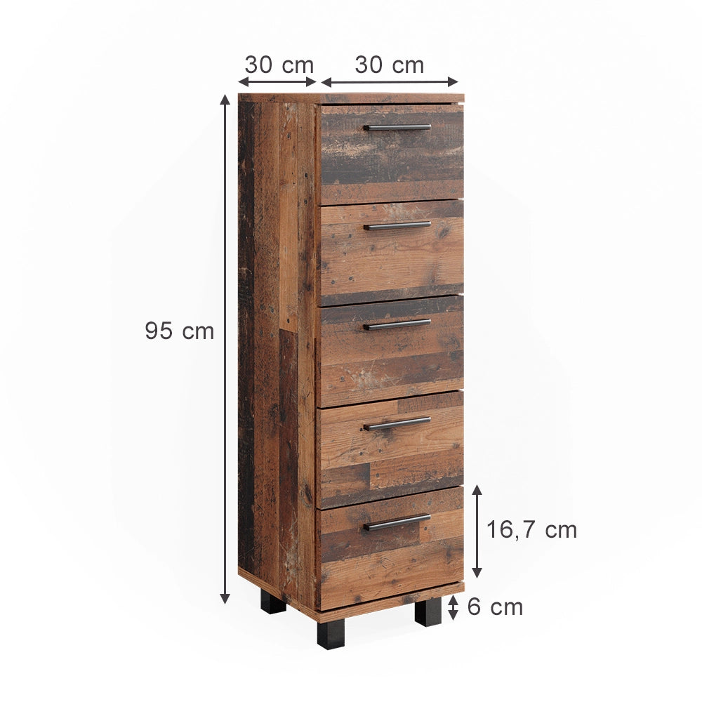 Vicco Mobiletto bagno Rovere rustico 30 x 95 cm con 5 cassetti