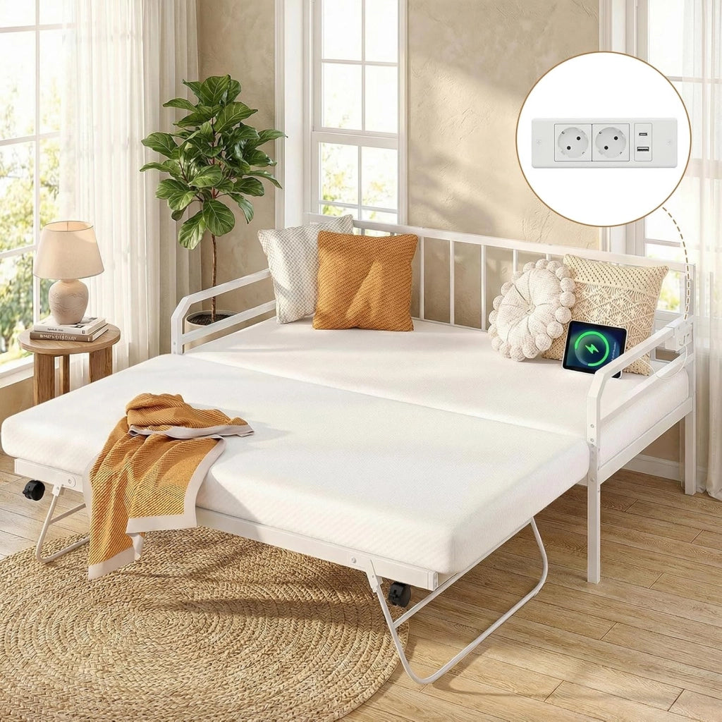 Letto Estraibile, Divano Letto Singolo con Luci LED e Stazione di Ricarica, Lettino Matrimoniale con Struttura in Metallo, 2 Pz 90x200 cm, per Soggiorno e Camera da Letto (Bianco)