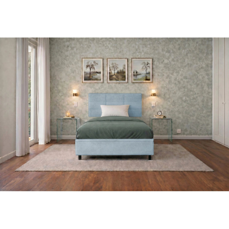 Letto imbottito Singolo 80x190 cm Square - Contenitore,Microfibra,Azzurro