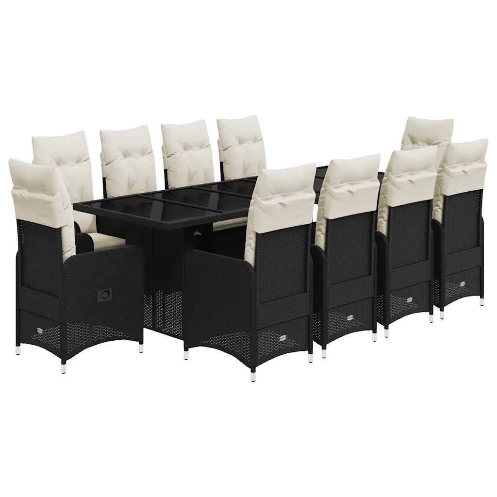 Set da BistrÃ² da Giardino 11 pz con Cuscini Nero in Polyrattan