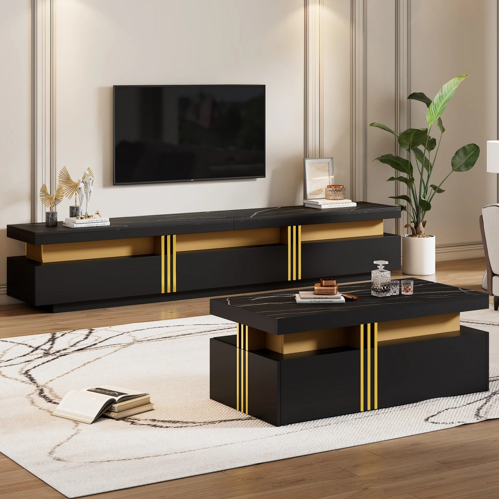 Set mobile TV e tavolino da caffè nero effetto marmo con cassetti