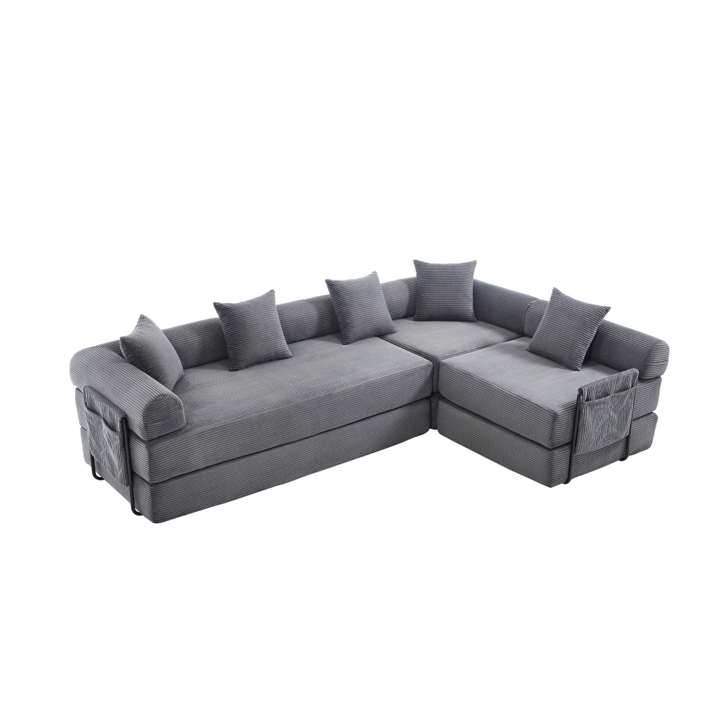 Canapé modulaire con funzione letto e tasca laterale per famiglia e ospiti in velluto a coste grigio scuro da salotto