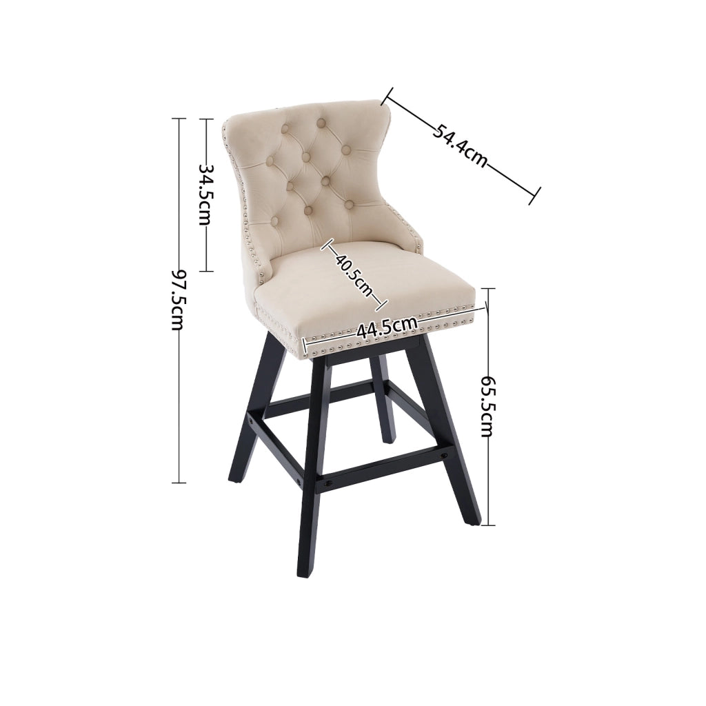 Sgabello da bar girevole in velluto con schienale curvo, seduta imbottita e gambe in legno massello beige