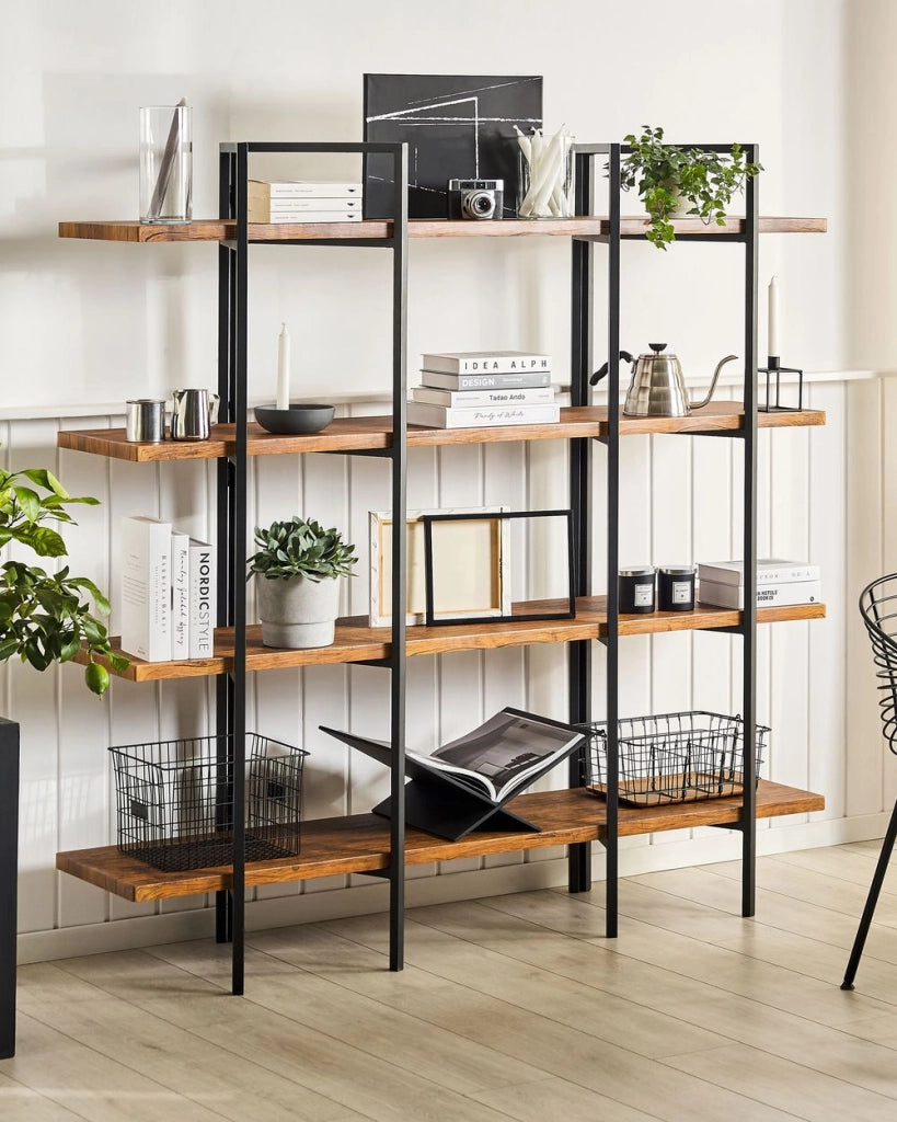 Libreria a 4 ripiani in legno scuro con struttura in metallo Nero Scaffale aperto minimalista industriale