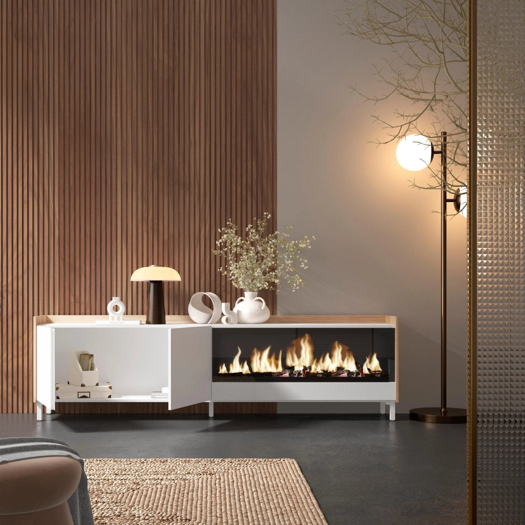 Mobile TV Soggiorno, 212x61x35 cm, Per TV fino a 80", Camino elettrico XXL, Design industriale, Bianco e Rovere soft