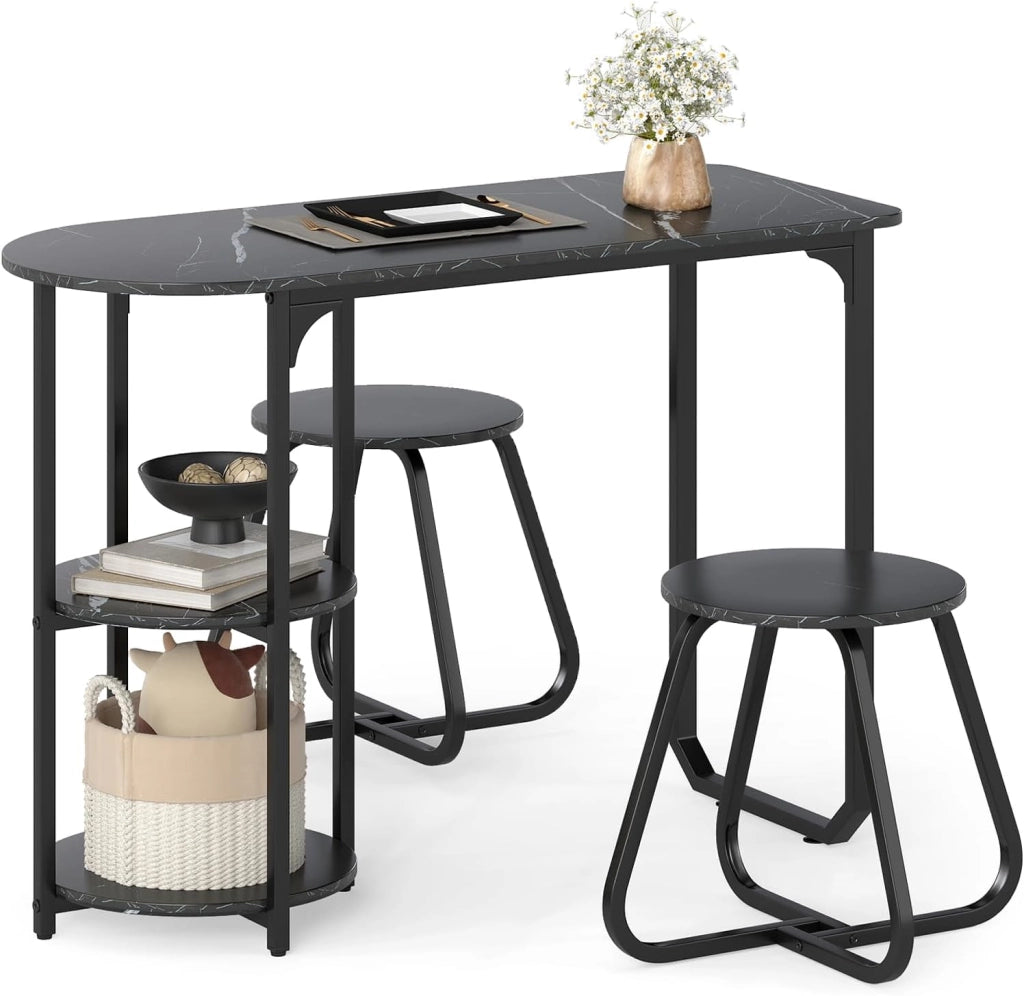 Set da Pranzo Industriale 3 Pezzi, Tavolo da Cucina in Legno con 2 Sgabelli e Ripiani Portaoggetti, Set da Pranzo Salvaspazio per Appartamenti, Cucina e Soggiorno (Caffè)