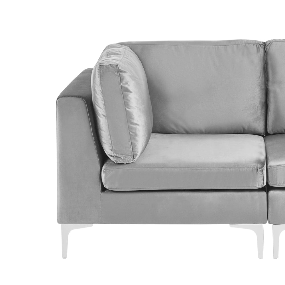 Divano ad angolo componibile versione sinistra a 4 posti in velluto grigio con gambe in metallo argento stile glamour