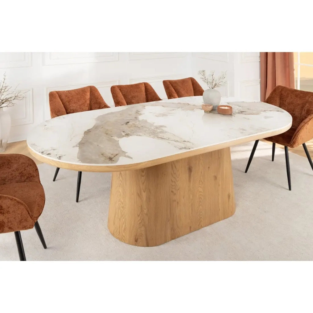 Tavolo da pranzo LUMEA – Ovale 200 cm – Effetto marmo bianco – Piede largo – Stile contemporaneo