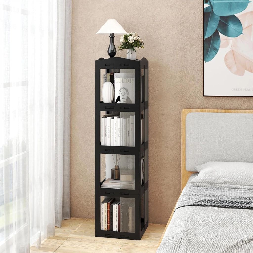 Libreria girevole a 360°, scaffale angolare girevole a 4 livelli, con pannelli traslucidi, montaggio semplice, per piccoli spazi, ufficio, camera da letto e soggiorno (nero, 4 livelli)