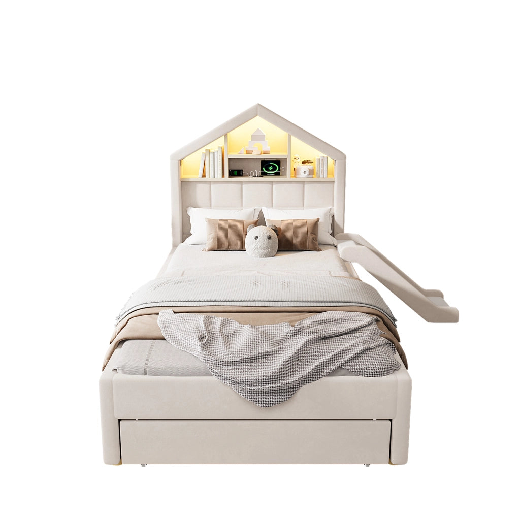 LETTO Bambini Imbottito 90x200 cm Beige con Scivolo, LED e Porta di Ricarica