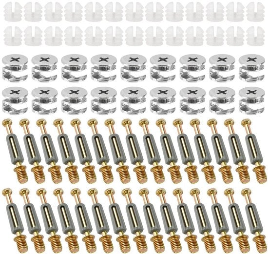 Set di 100 congiunzioni di mobili M6 x 40 mm viti a cappuccetto con copertura e fissaggio eccentrico - Ø 147 mm - per la separazione di mobili - inclusi congiunzioni eccentriche di mobili - accessori di fissaggio per armadi e tavoli