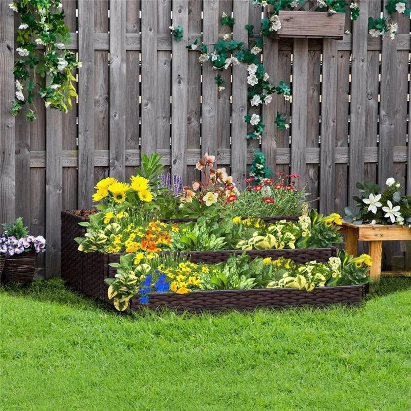 ORTO RIALZATO A 3 LIVELLI IN RATTAN SINTETICO SENZA FONDO PER PIANTE E VERDURE, 120X120X40CM, GRIGIO