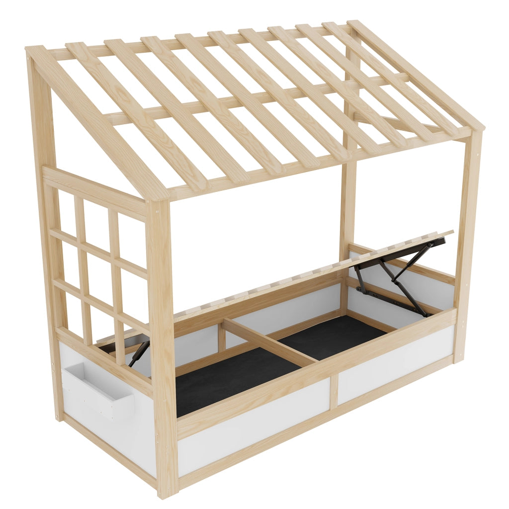 LETTO Bambini 90 x 200 cm in legno bianco e naturale con tetto, finestre e contenitore idraulico